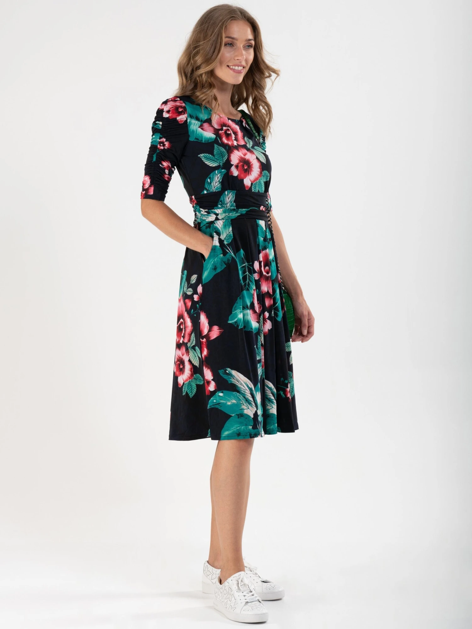 Print Half Sleeve Midi Viscose Dress, Navy Floral 4 Print Half Sleeve Midi Viscose Dress, Navy Floral - Image 3