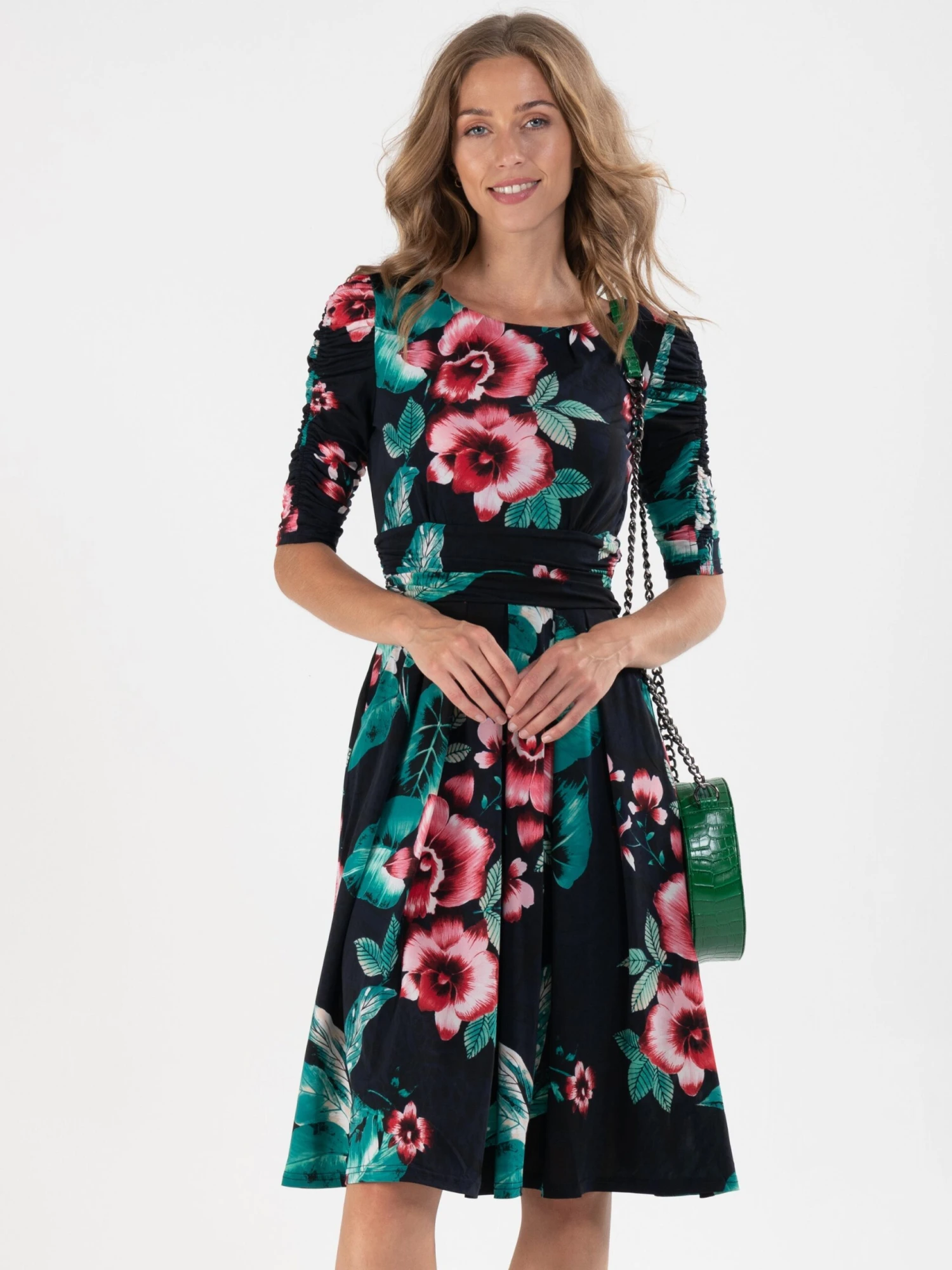 Print Half Sleeve Midi Viscose Dress, Navy Floral 2 Print Half Sleeve Midi Viscose Dress, Navy Floral