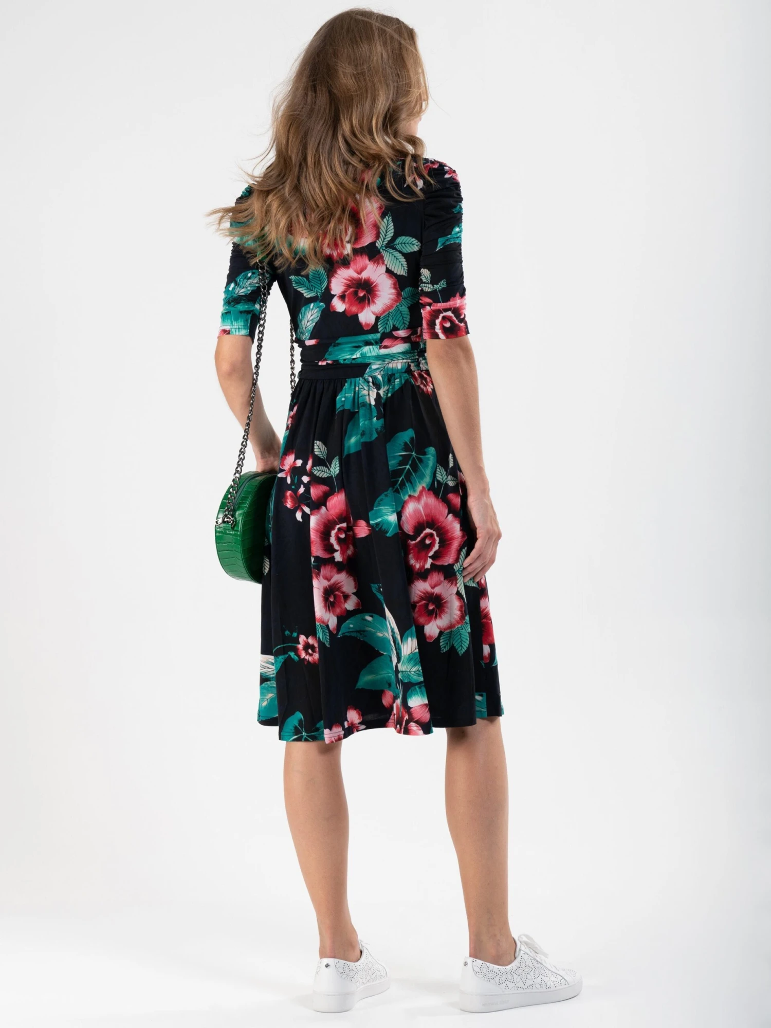 Print Half Sleeve Midi Viscose Dress, Navy Floral 6 Print Half Sleeve Midi Viscose Dress, Navy Floral - Image 5
