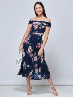 Rawiya Bardot Neck Mesh Dress, Navy Floral -Miha Dresses Shop R WG2318 NavyFloral 1 71e61d83 b732 4446 a359 a2da81b97530