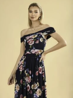 Rawiya Bardot Neck Mesh Dress, Navy Floral -Miha Dresses Shop R WG2318 NavyFloral 6