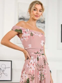 Rawiya Bardot Neck Mesh Dress, Pink Floral -Miha Dresses Shop R WG2318 PinkFloral 4