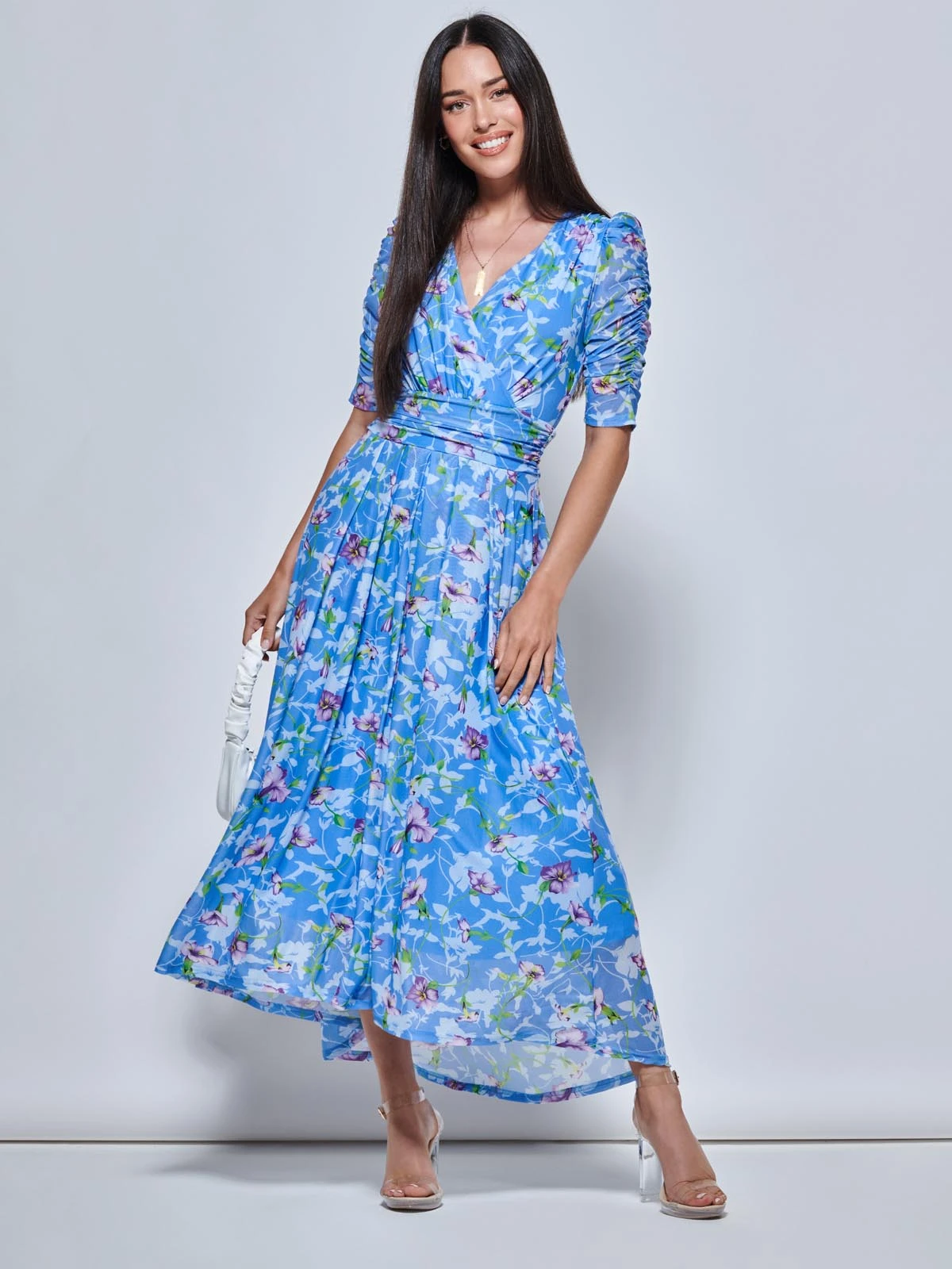 Print Dip Hem Mesh Maxi Dress, Blue Floral 3 Print Dip Hem Mesh Maxi Dress, Blue Floral