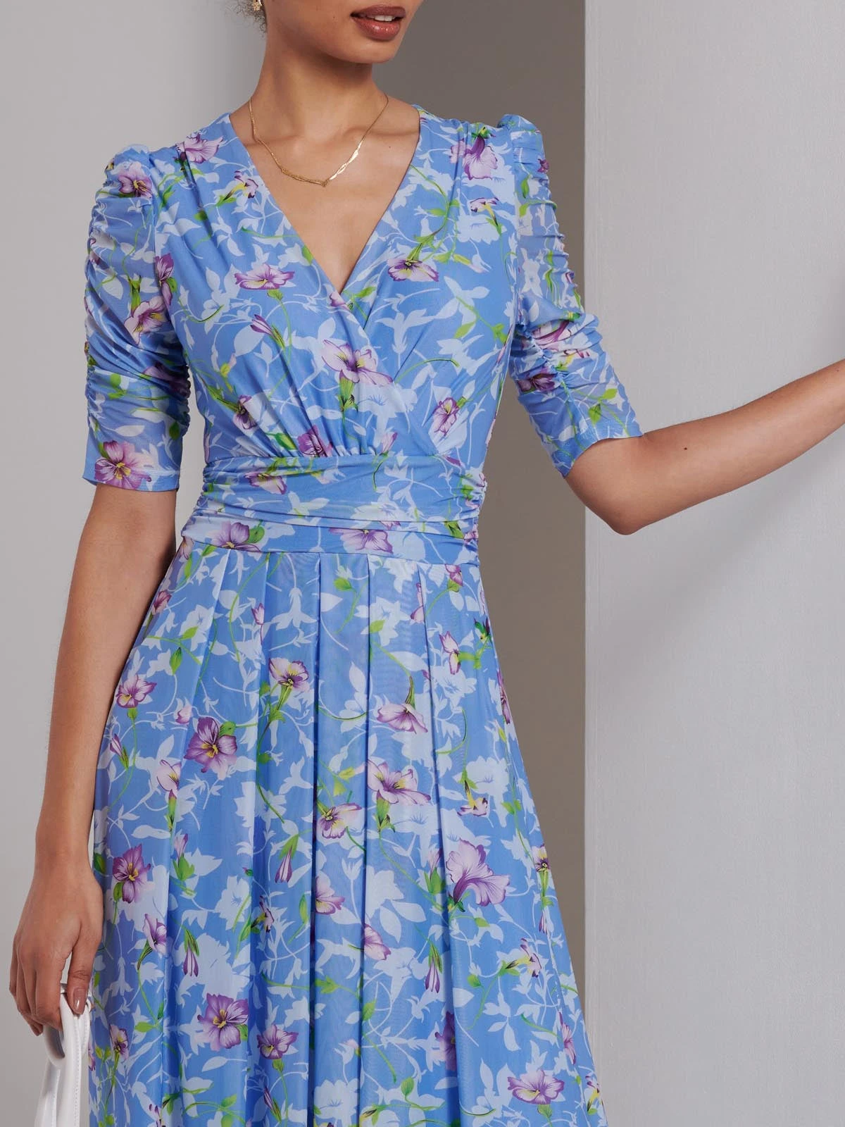 Print Dip Hem Mesh Maxi Dress, Blue Floral 5 Print Dip Hem Mesh Maxi Dress, Blue Floral - Image 3