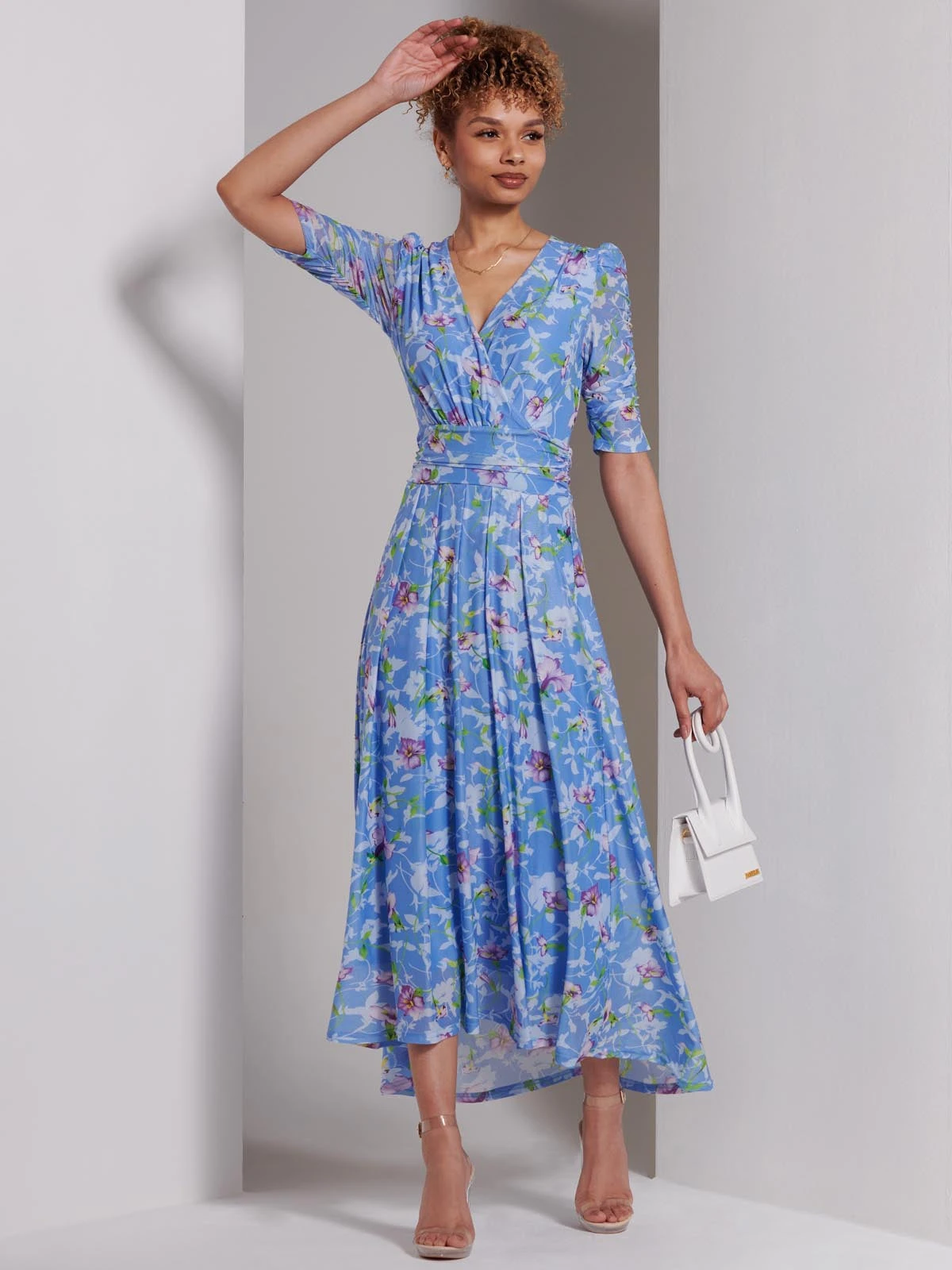 Print Dip Hem Mesh Maxi Dress, Blue Floral 7 Print Dip Hem Mesh Maxi Dress, Blue Floral - Image 5