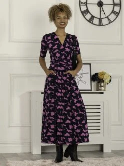 Jolie Moi Amaka Wrap Leaf Midi Dress, Navy Leafy -Miha Dresses Shop R621133 NavyLeafy 2