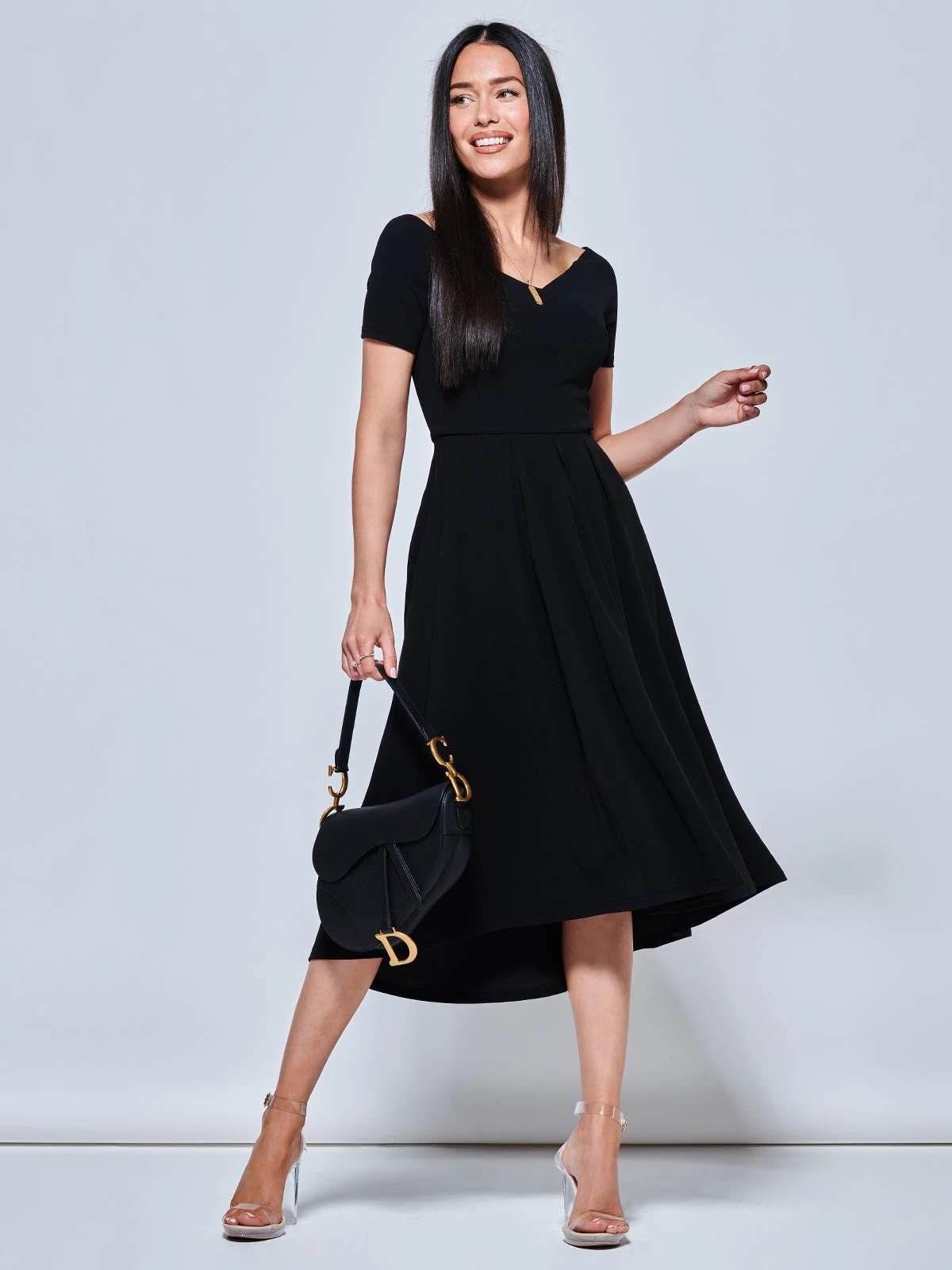Off The Shoulder Dip Hem Dress, Black 3 Off The Shoulder Dip Hem Dress, Black