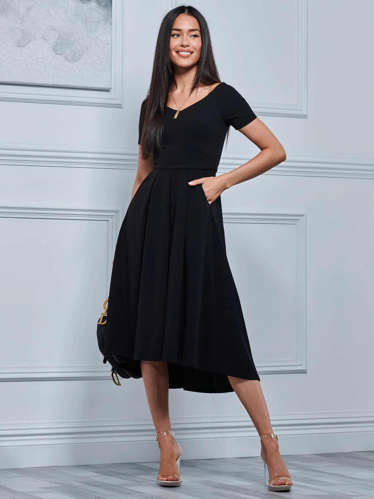 Off The Shoulder Dip Hem Dress, Black 6 Off The Shoulder Dip Hem Dress, Black - Image 4