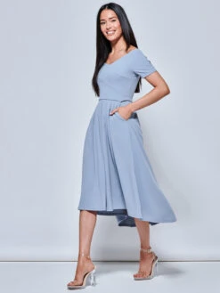 Off The Shoulder Dip Hem Dress, Steel Blue -Miha Dresses Shop RE395 12 SteelBlue 1