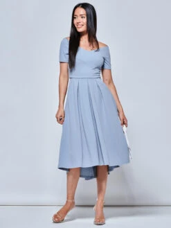 Off The Shoulder Dip Hem Dress, Steel Blue -Miha Dresses Shop RE395 12 SteelBlue 5