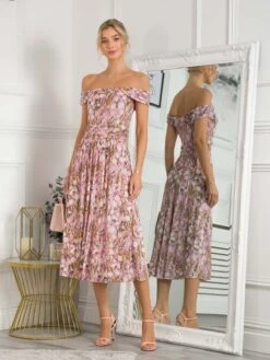 Rezka Off Shoulder Mesh Midi Dress, Light Pink -Miha Dresses Shop RKH 2318 LightPink 1