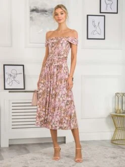 Rezka Off Shoulder Mesh Midi Dress, Light Pink -Miha Dresses Shop RKH 2318 LightPink 2