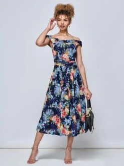 Rezka Off Shoulder Mesh Midi Dress, Navy Floral -Miha Dresses Shop RKH 2318 NavyFloral 1