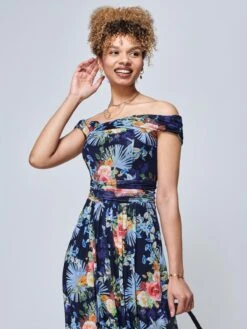 Rezka Off Shoulder Mesh Midi Dress, Navy Floral -Miha Dresses Shop RKH 2318 NavyFloral 3