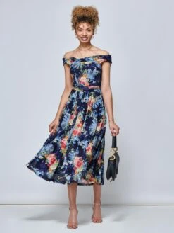 Rezka Off Shoulder Mesh Midi Dress, Navy Floral -Miha Dresses Shop RKH 2318 NavyFloral 5