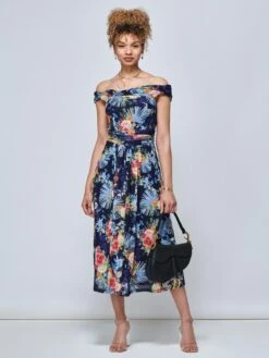 Rezka Off Shoulder Mesh Midi Dress, Navy Floral -Miha Dresses Shop RKH 2318 NavyFloral 6