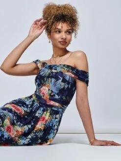 Rezka Off Shoulder Mesh Midi Dress, Navy Floral -Miha Dresses Shop RKH 2318 NavyFloral 7