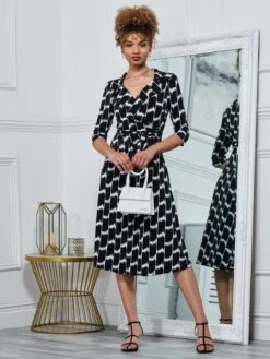 Raegan Wrap Tie Side Jersey Dress, Black Geo -Miha Dresses Shop RNT18693 BLACKGEO 4