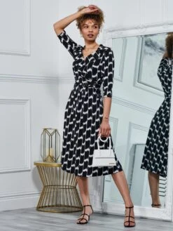 Raegan Wrap Tie Side Jersey Dress, Black Geo -Miha Dresses Shop RNT18693 BLACKGEO 6