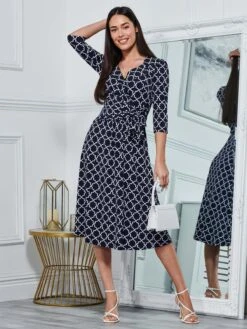 Raegan Wrap Tie Side Jersey Dress, Navy Geo -Miha Dresses Shop RNT18693 NAVYGEO 1