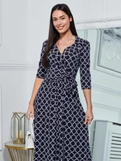 Raegan Wrap Tie Side Jersey Dress, Navy Geo -Miha Dresses Shop RNT18693 NAVYGEO 3