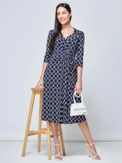 Raegan Wrap Tie Side Jersey Dress, Navy Geo -Miha Dresses Shop RNT18693 NAVYGEO 5