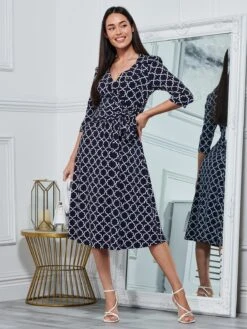 Raegan Wrap Tie Side Jersey Dress, Navy Geo -Miha Dresses Shop RNT18693 NAVYGEO 6