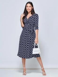 Raegan Wrap Tie Side Jersey Dress, Navy Geo -Miha Dresses Shop RNT18693 NAVYGEO 7