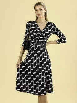 Raegan Wrap Tie Side Jersey Dress, Black Geo -Miha Dresses Shop RNT18693 BlackGeo 5