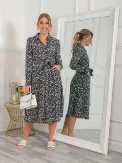 Jolie Moi Shea Viscose Shirt Midi Dress, Navy Floral -Miha Dresses Shop S091 112NavyFloral 1