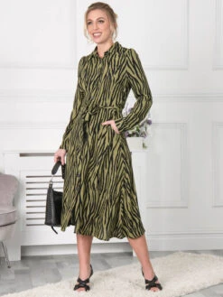 Jolie Moi Shea Viscose Shirt Midi Dress, Green Animal -Miha Dresses Shop S091 112 Green Animal 4