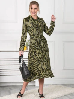 Jolie Moi Shea Viscose Shirt Midi Dress, Green Animal -Miha Dresses Shop S091 112 Green Animal 6