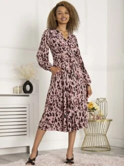 Jolie Moi Libby Long Sleeve Midi Dress, Pink Abstract