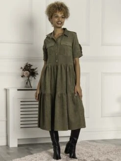 Jolie Moi Military Tiered Shirt Dress, Soldier Green -Miha Dresses Shop SH2102 5 SoldierGreen 1