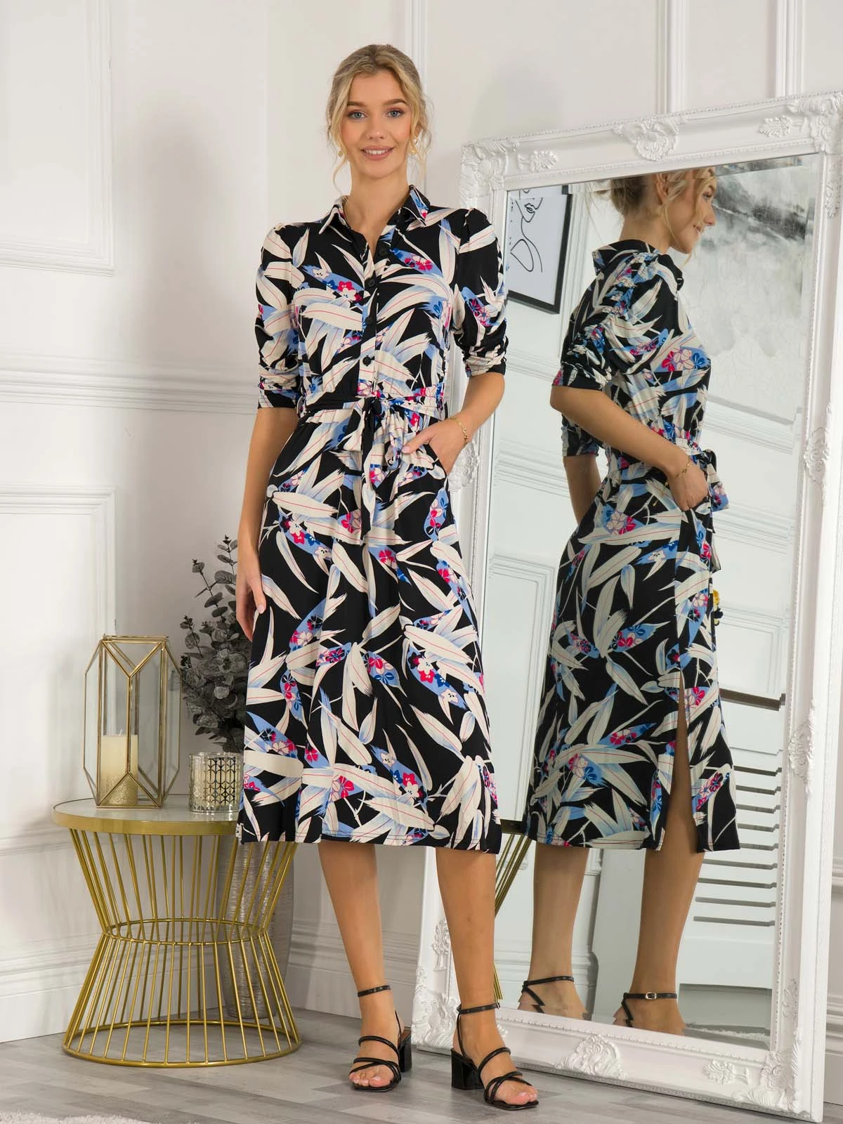 Calla Puff Sleeve Shirt Dress, Black Leafy 3 Calla Puff Sleeve Shirt Dress, Black Leafy