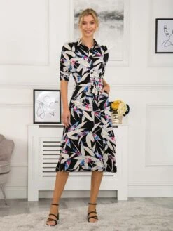 Calla Puff Sleeve Shirt Dress, Black Leafy 9 Calla Puff Sleeve Shirt Dress, Black Leafy -Miha Dresses Shop SLK 091 BlackLeafy 2