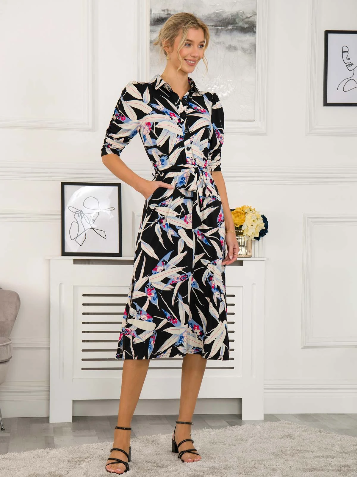 Calla Puff Sleeve Shirt Dress, Black Leafy 7 Calla Puff Sleeve Shirt Dress, Black Leafy - Image 5