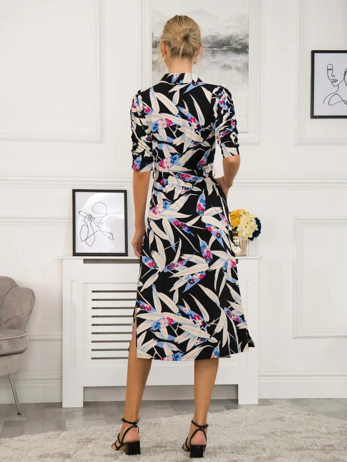 Calla Puff Sleeve Shirt Dress, Black Leafy 4 Calla Puff Sleeve Shirt Dress, Black Leafy - Image 2