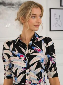 Calla Puff Sleeve Shirt Dress, Black Leafy 10 Calla Puff Sleeve Shirt Dress, Black Leafy -Miha Dresses Shop SLK 091 BlackLeafy 5