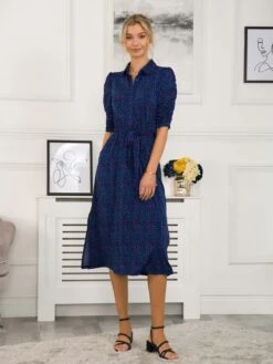 Calla Puff Sleeve Shirt Dress, Blue Animal -Miha Dresses Shop SLK 091 BlueAnimal 2