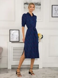 Calla Puff Sleeve Shirt Dress, Blue Animal -Miha Dresses Shop SLK 091 BlueAnimal 3