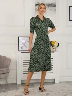 Calla Animal Print Shirt Dress, Green Leopard -Miha Dresses Shop SLK 091 GreenAnimal 3