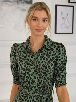 Calla Animal Print Shirt Dress, Green Leopard -Miha Dresses Shop SLK 091 GreenAnimal 6