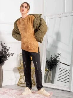 Asymmetric Zip Sweatshirt, Khaki -Miha Dresses Shop SWT 113Khaki 2