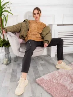 Asymmetric Zip Sweatshirt, Khaki -Miha Dresses Shop SWT 113Khaki 7