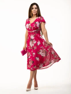 Sarina Wrap Mesh Midi Dress, Cerise -Miha Dresses Shop SY 8373Cerise 1