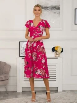 Sarina Wrap Mesh Midi Dress, Cerise -Miha Dresses Shop SY 8373 Cerise 2