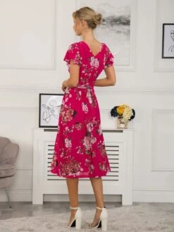 Sarina Wrap Mesh Midi Dress, Cerise -Miha Dresses Shop SY 8373 Cerise 4