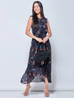 Textured Chiffon Pleated Dress, Navy Floral -Miha Dresses Shop T106 907 NavyFloral 5