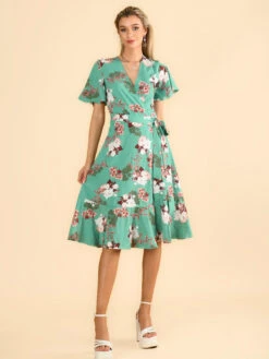 Wylla Wrap Woven Midi Dress, Green Floral -Miha Dresses Shop W 397 19 GreenFloral 5